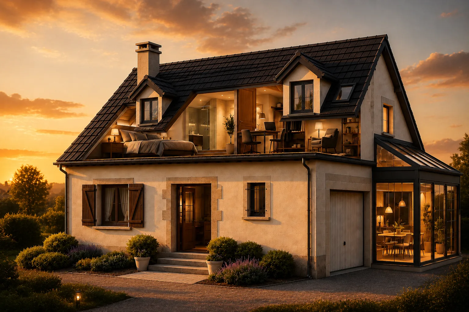 La maison transformée par Terrexo — extension et combles, à l'heure dorée
